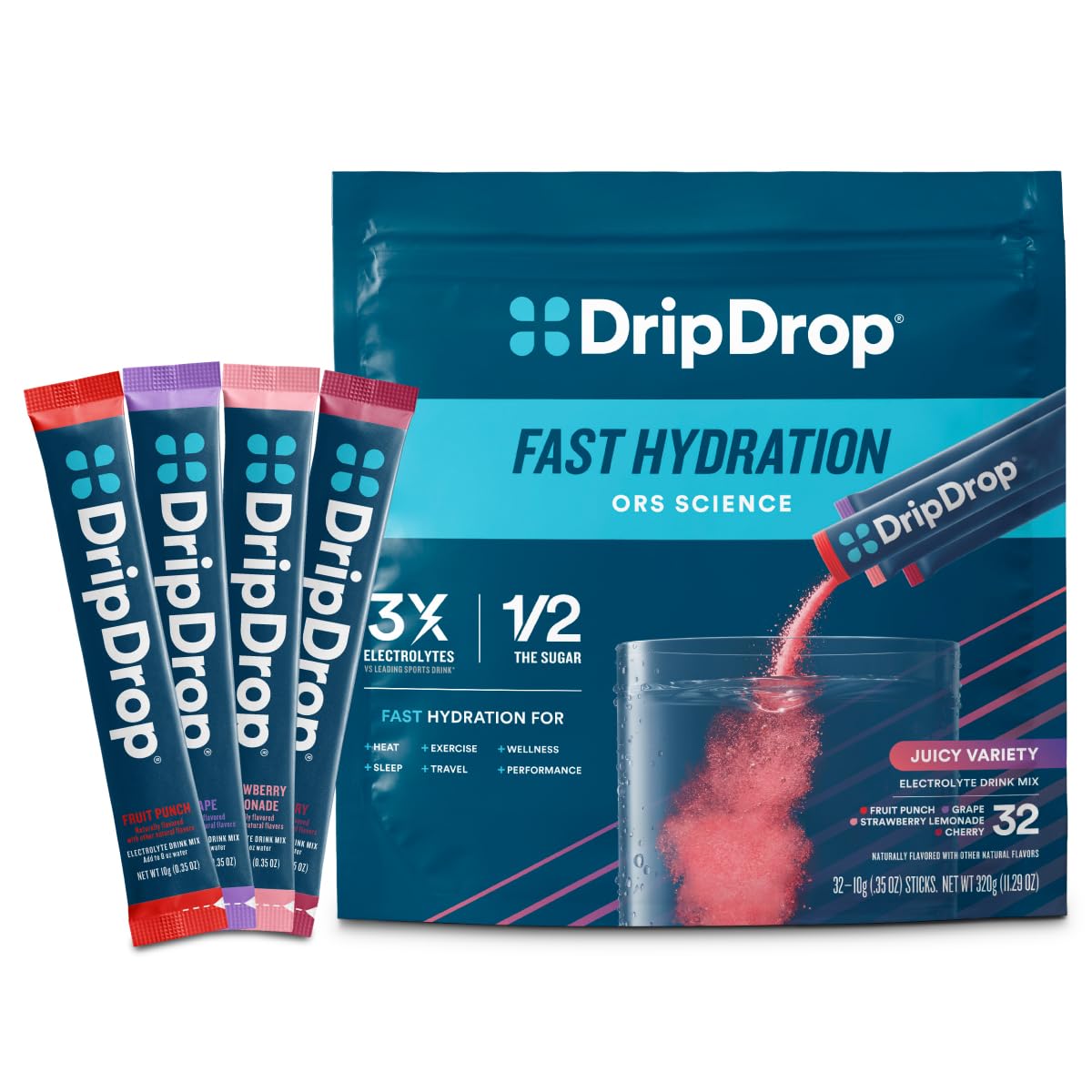 DripDrop front box Juicy Variety highlighting portable hydration benefits