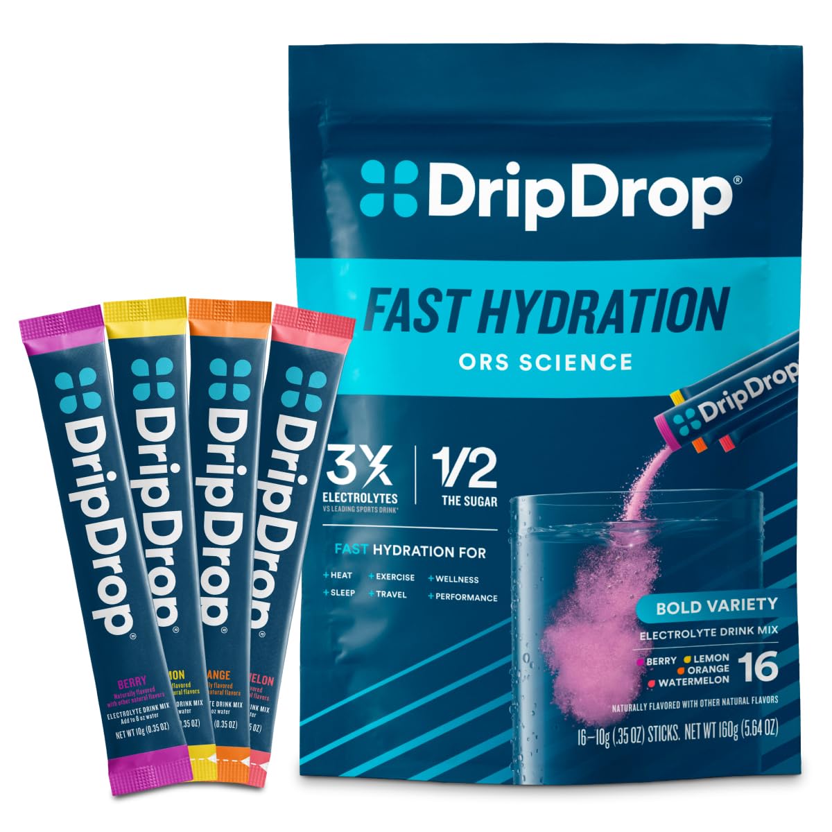 DripDrop front pouch showing variety pack and resealable bag for easy storage
