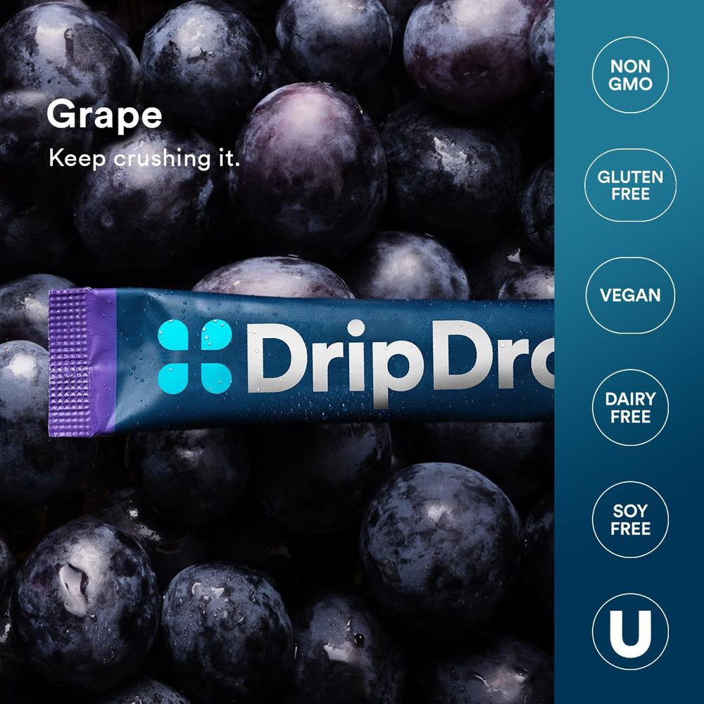 DripDrop open box with 32 packets highlighting travel-ready supply