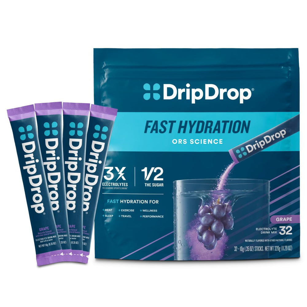 DripDrop front packaging showing grape packets and benefits