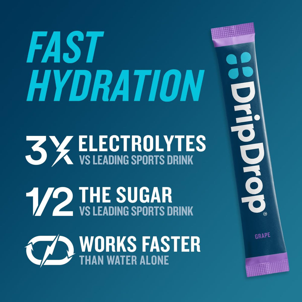 DripDrop single-serve grape packet ready to mix for convenience