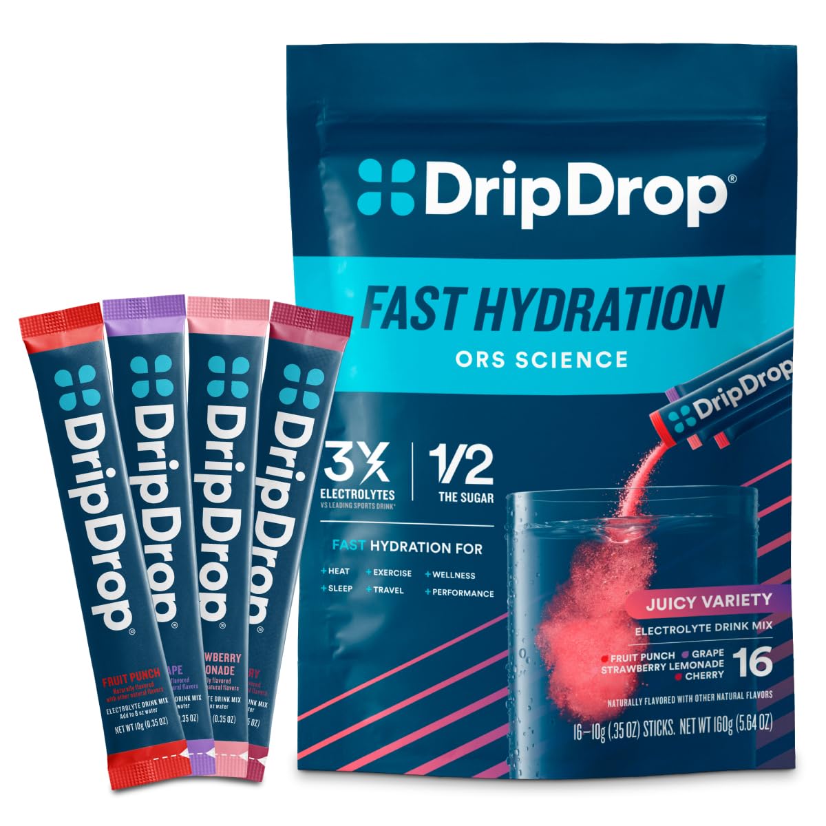 DripDrop front packaging showing variety pack and convenient single-serve packets, boosts on-the-go hydration