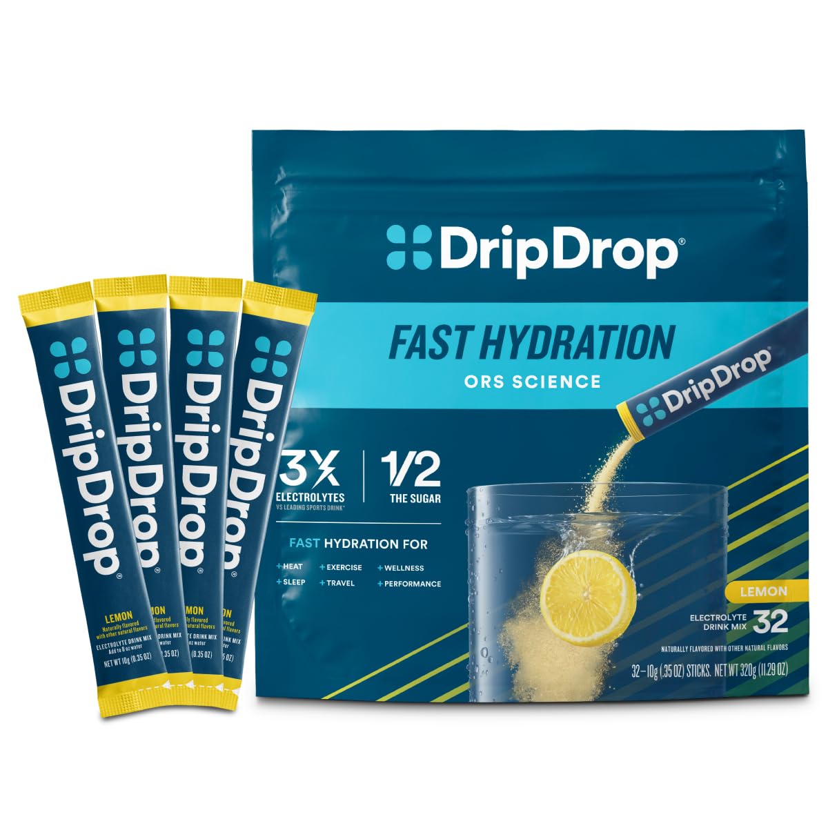 DripDrop lemon front packaging showing box and branding for hydration