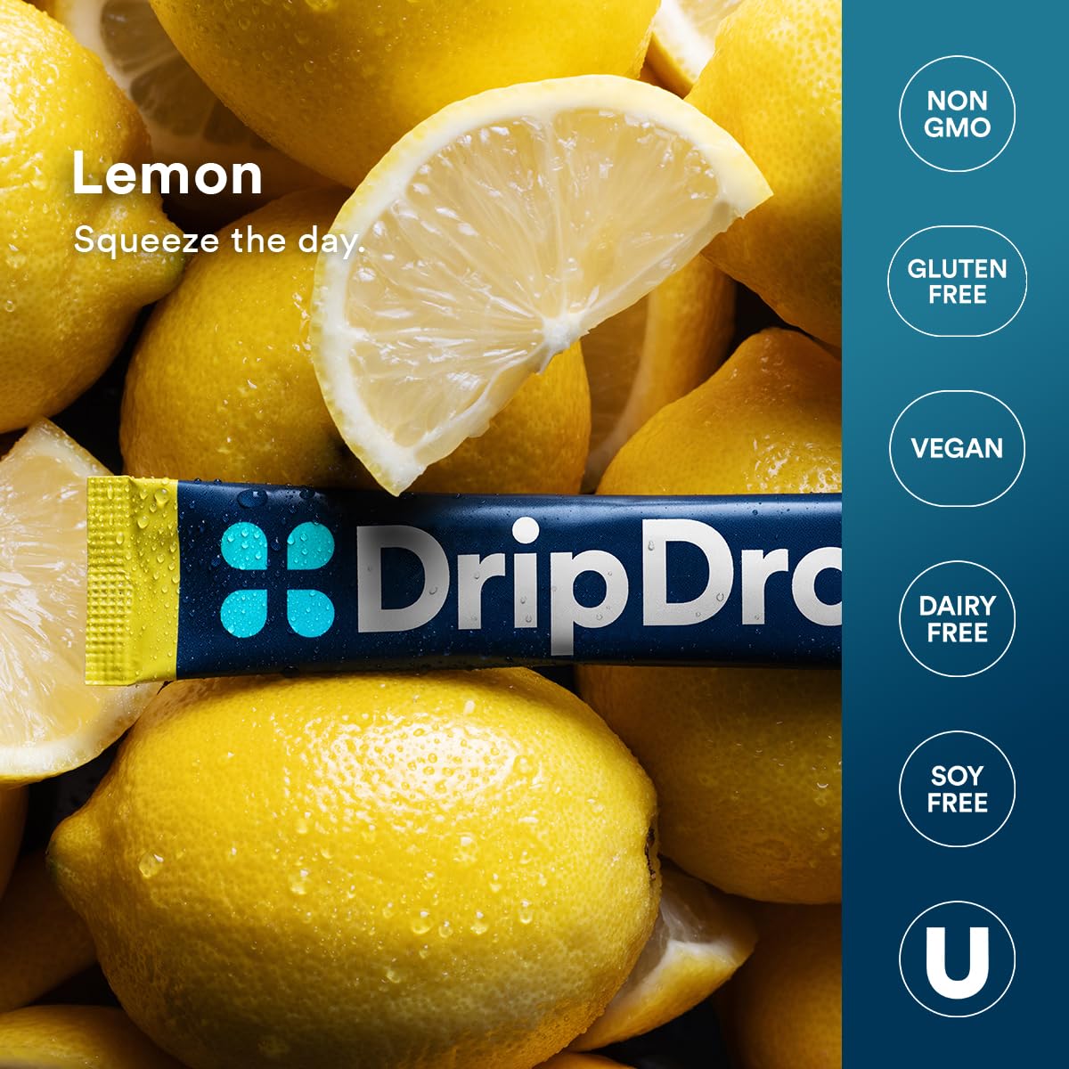 DripDrop lemon ingredient display with natural color sources and benefits