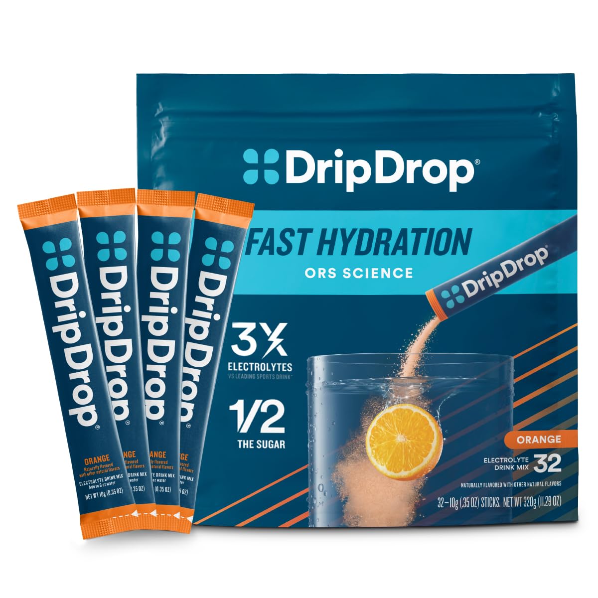 DripDrop front packaging showing 32 orange electrolyte packets and branding benefit portability