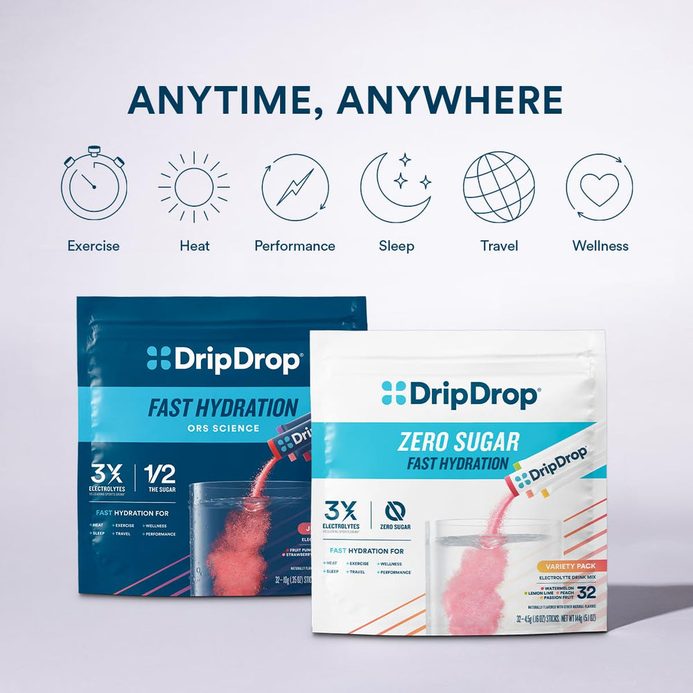 DripDrop packet beside a standard water bottle for size and serving scale
