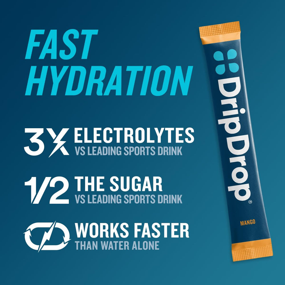 Close-up of a DripDrop single-serve packet highlighting easy-portable design