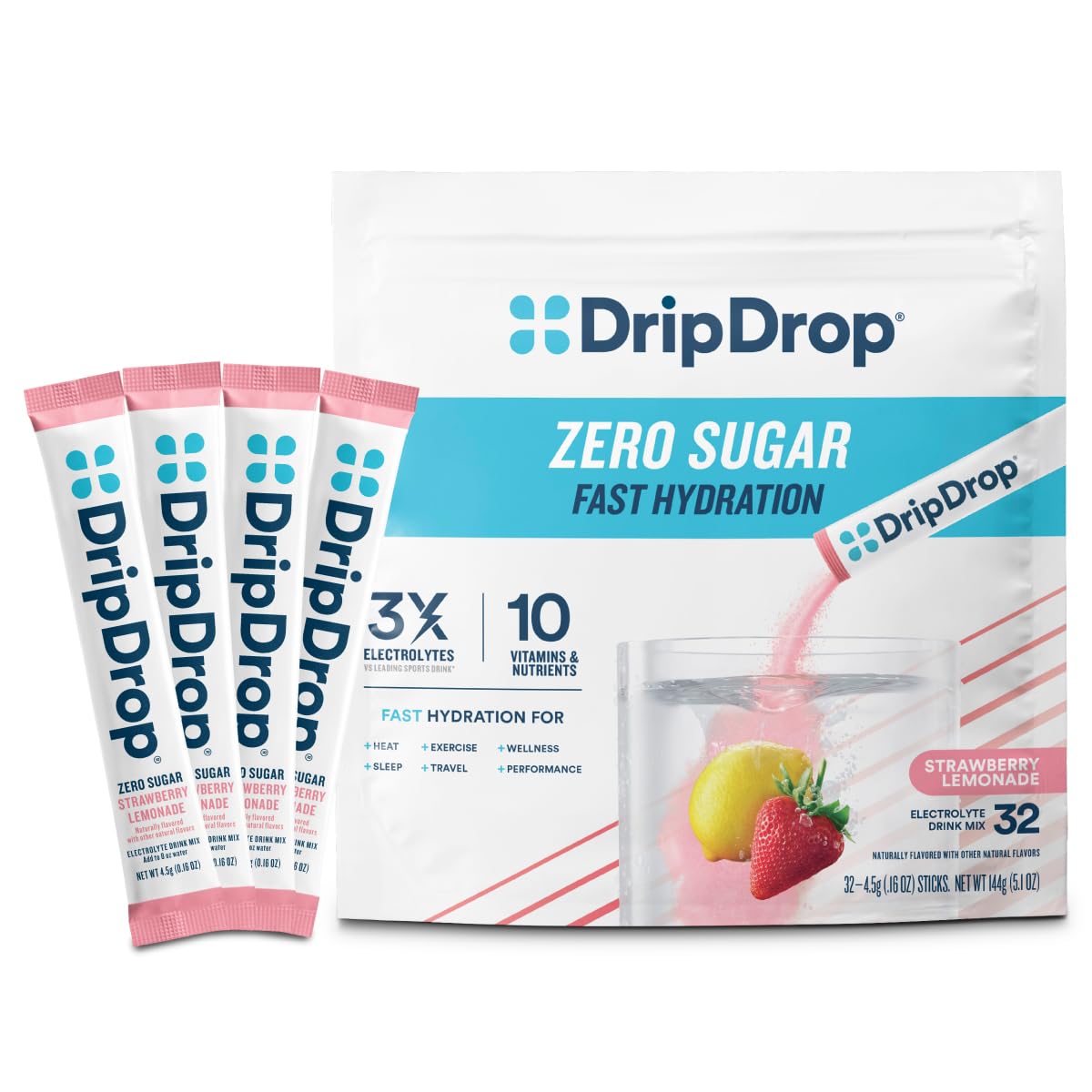 DripDrop box front showing Strawberry Lemonade flavor and 32-count for quick identification and convenience