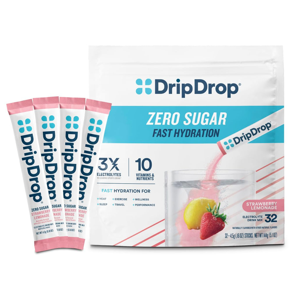 DripDrop box front showing Strawberry Lemonade flavor and 32-count for quick identification and convenience