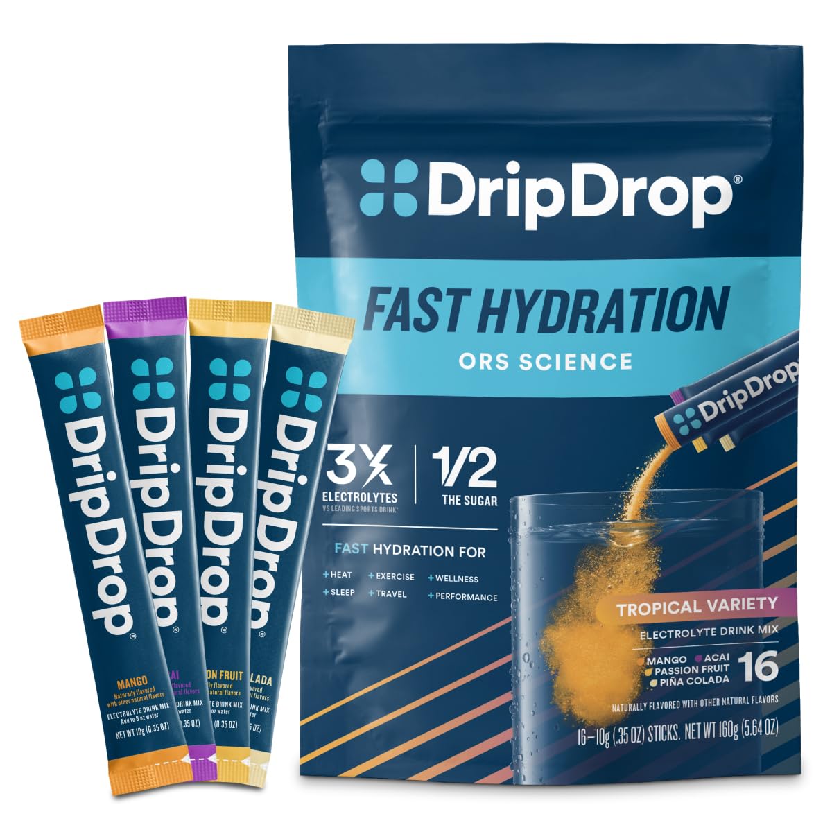 DripDrop front packaging showing tropical variety and vibrant design for easy selection