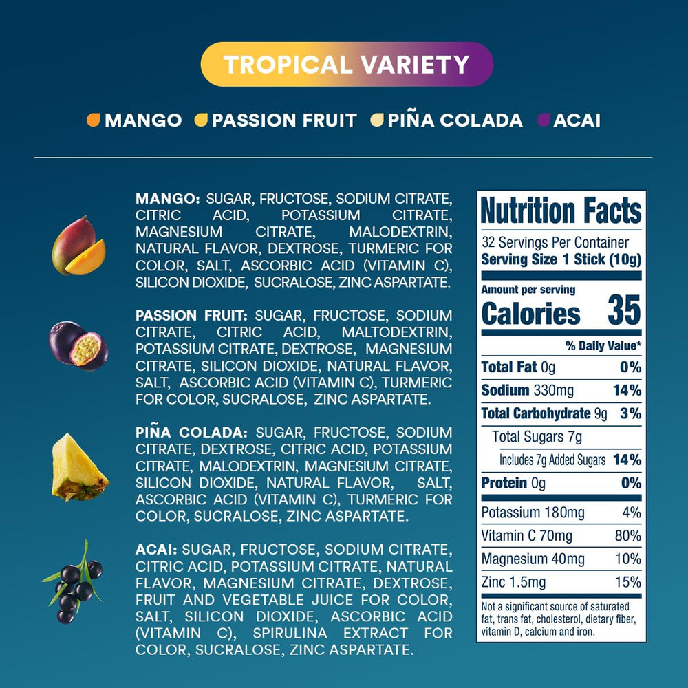 Assorted tropical flavor packets laid out to show variety and flavor choice