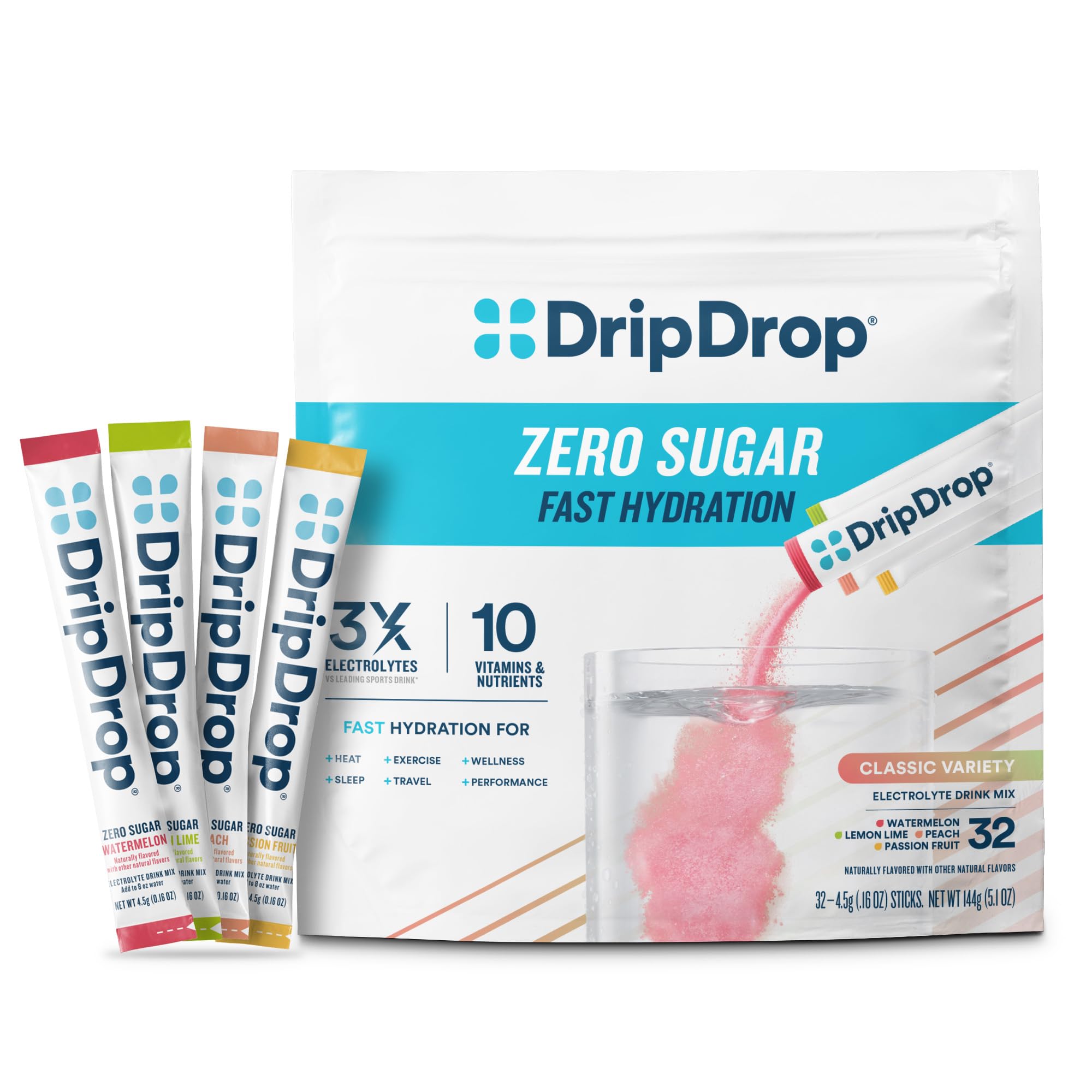 DripDrop variety pack front showing 32 sugar-free sticks for fast hydration