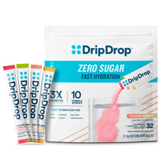 DripDrop variety pack front showing 32 sugar-free sticks for fast hydration
