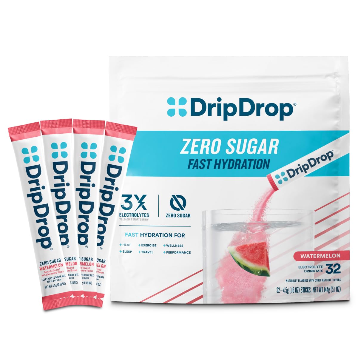 DripDrop front packaging showing watermelon flavor and 32 count benefits