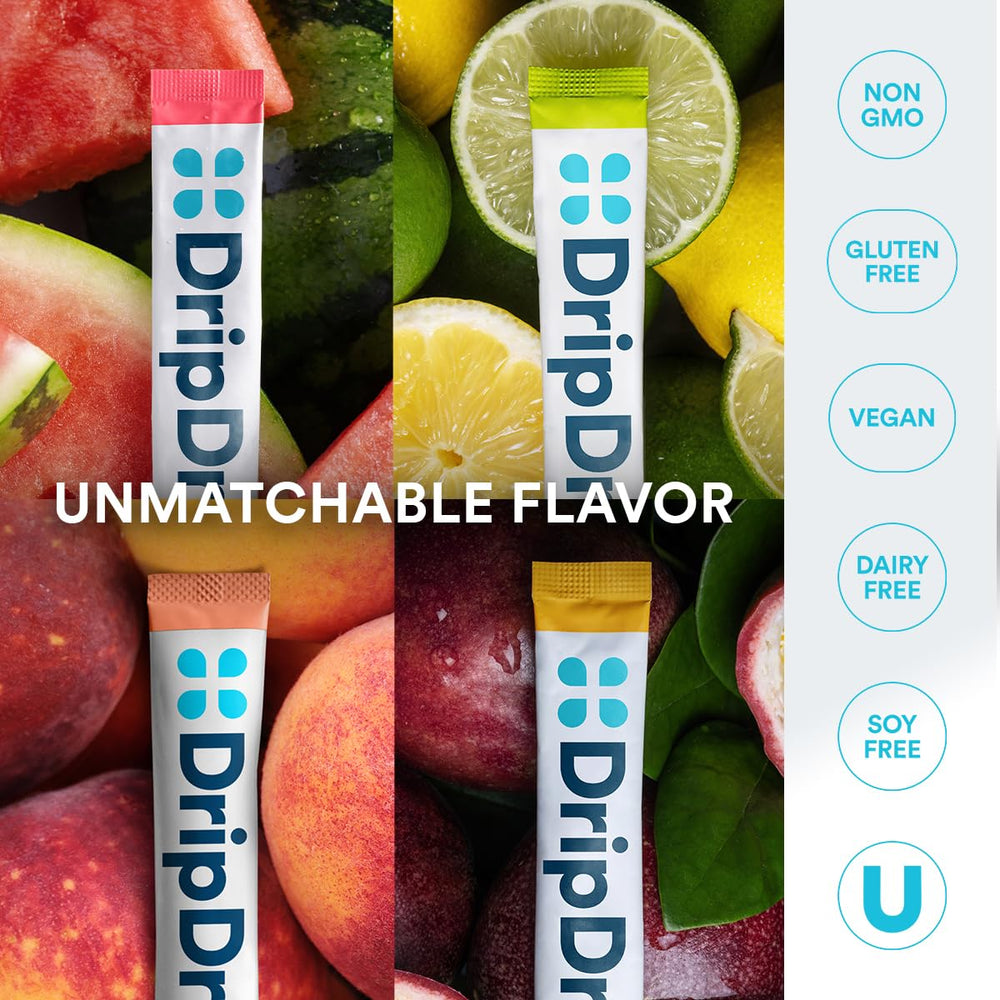 Assorted DripDrop Zero flavors laid out showing variety and taste choice