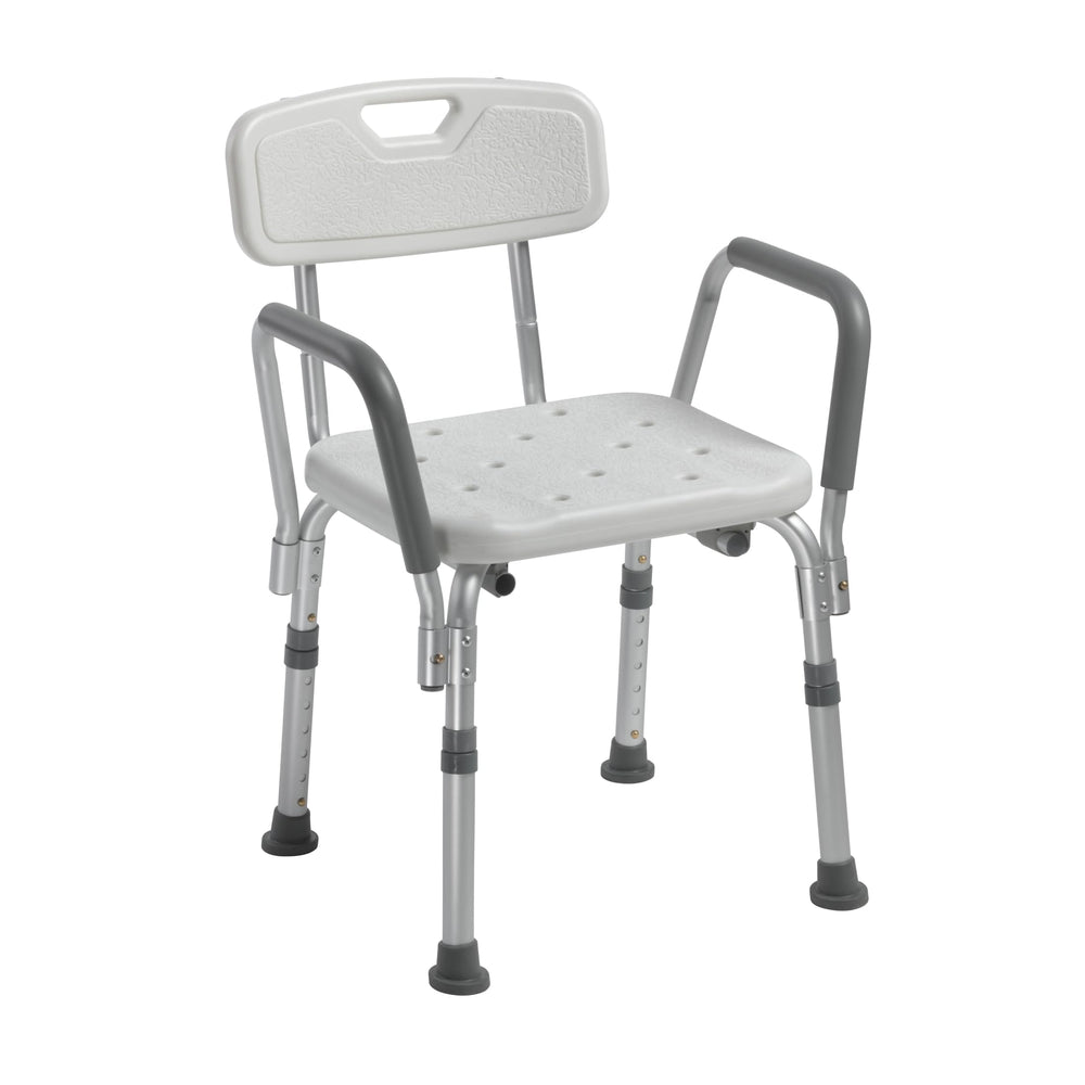 Drive Medical front view of white shower chair showing stable seating benefit