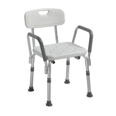 Drive Medical front view of white shower chair showing stable seating benefit