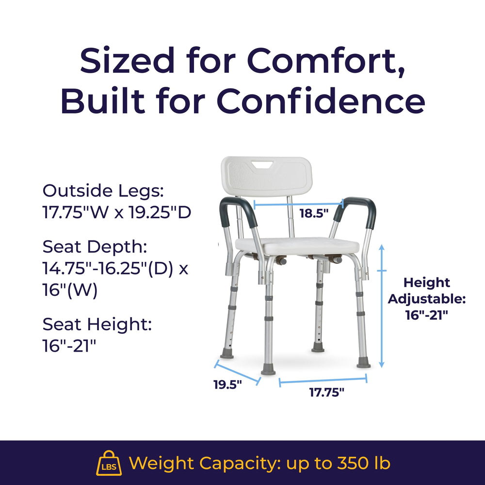 Drive Medical shower chair next to person illustrating lightweight portability