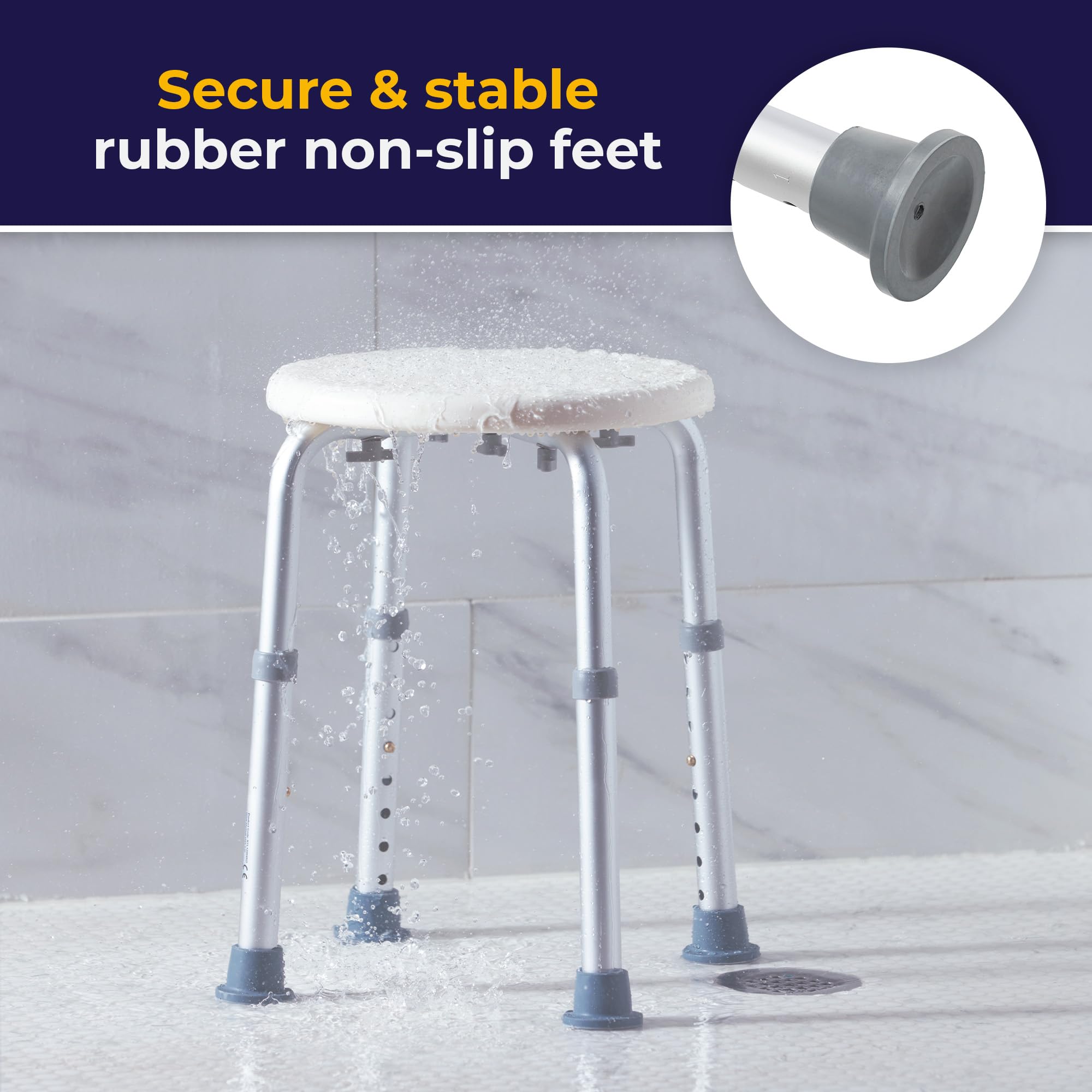 Drive Medical stool in shower setting illustrating compact fit and safety