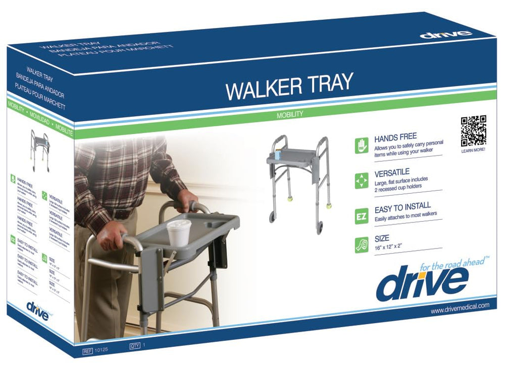 Drive Medical tray folded flat on walker for compact storage and easy passage