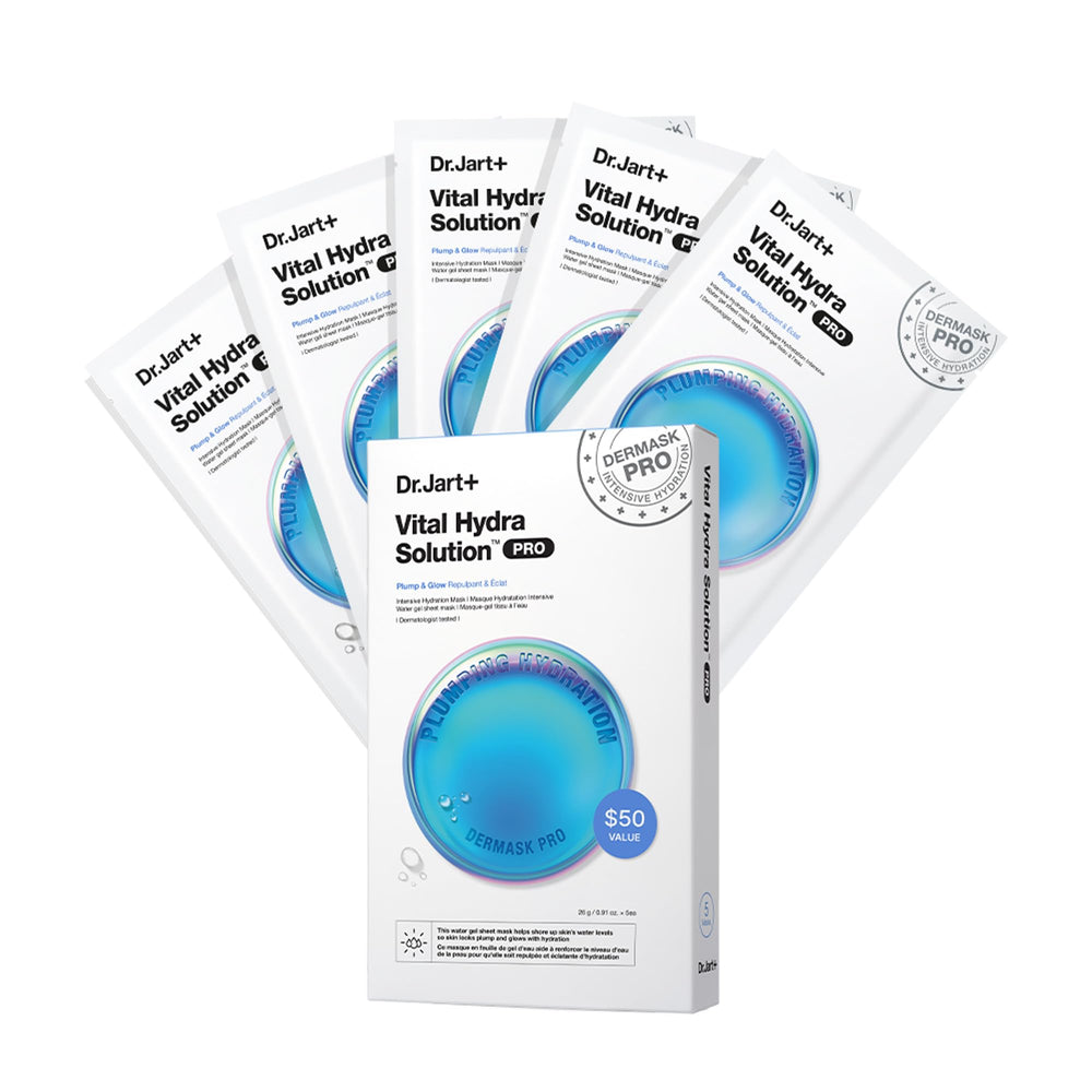 Dr.Jart+ front pack showing five glow sheet masks and value save