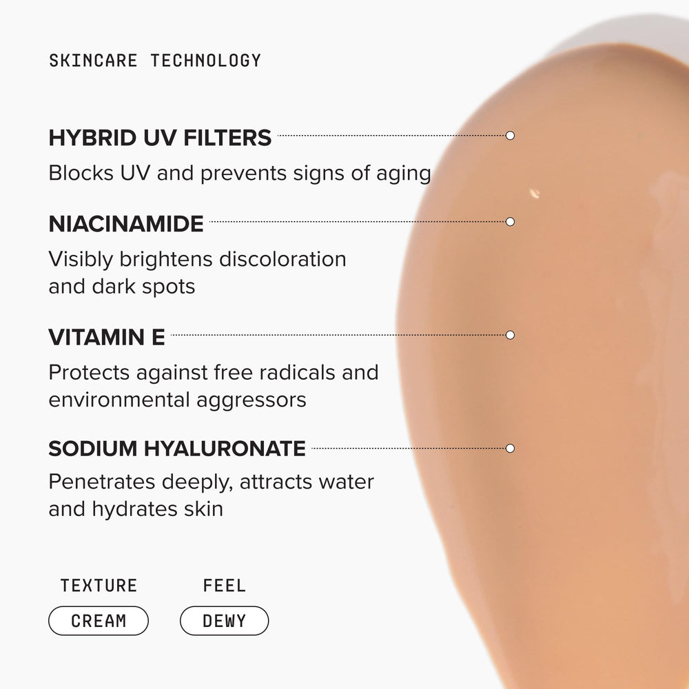 DRMTLGY shade range swatch card illustrating universal tint and coverage benefit
