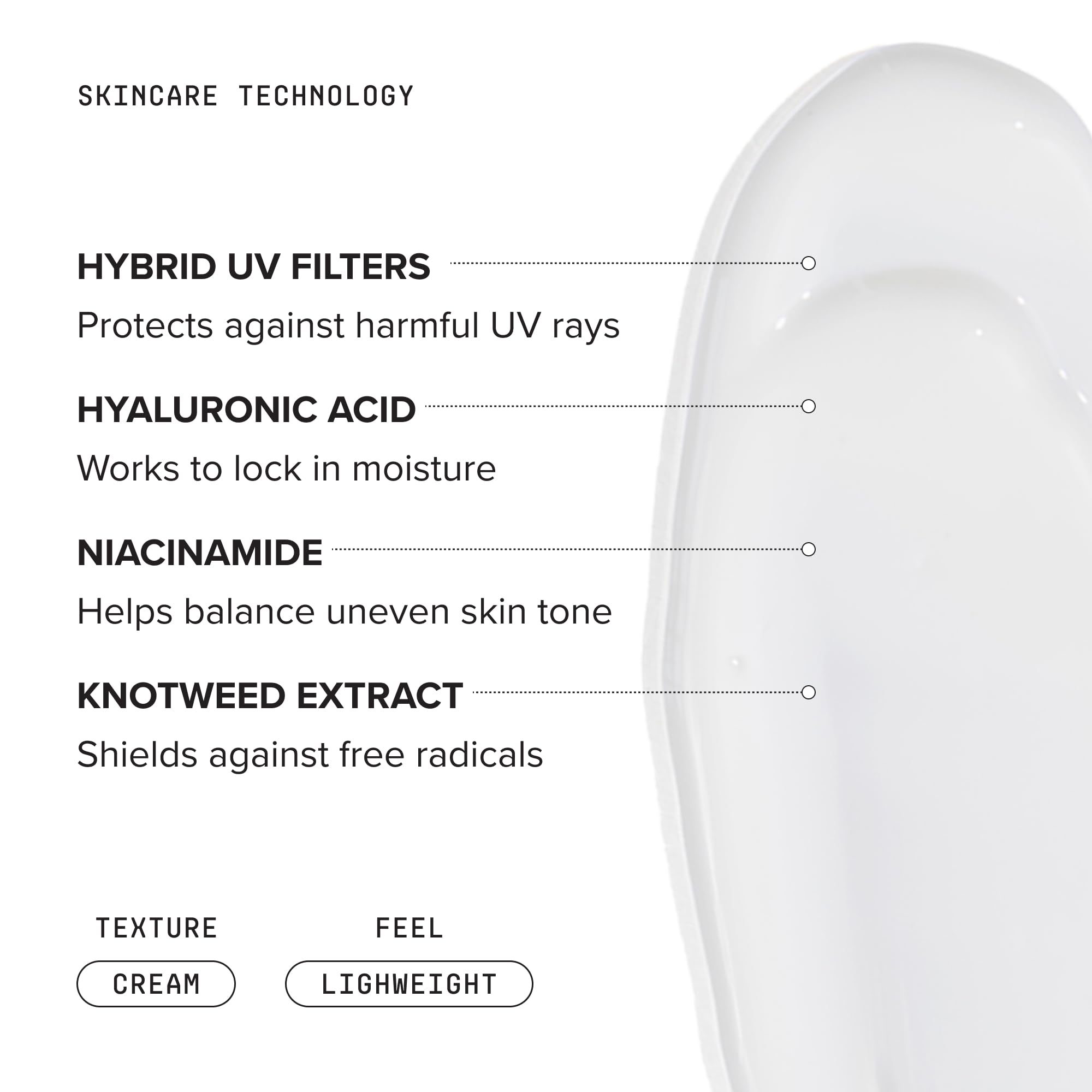 DRMTLGY ingredients label highlighting niacinamide and hyaluronic acid benefits