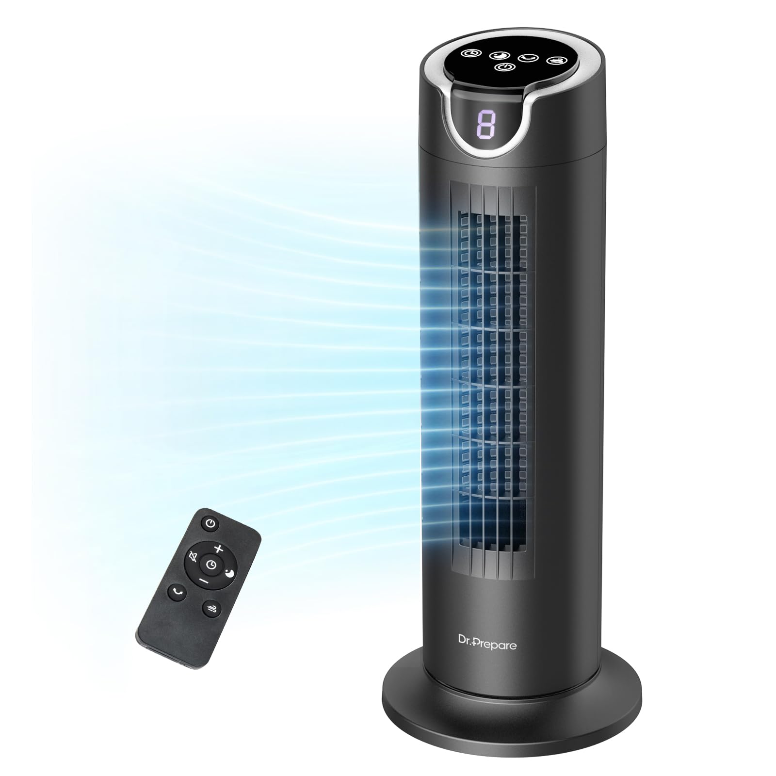 DR.PREPARE front view of tower fan showing sleek bladeless design and compact profile
