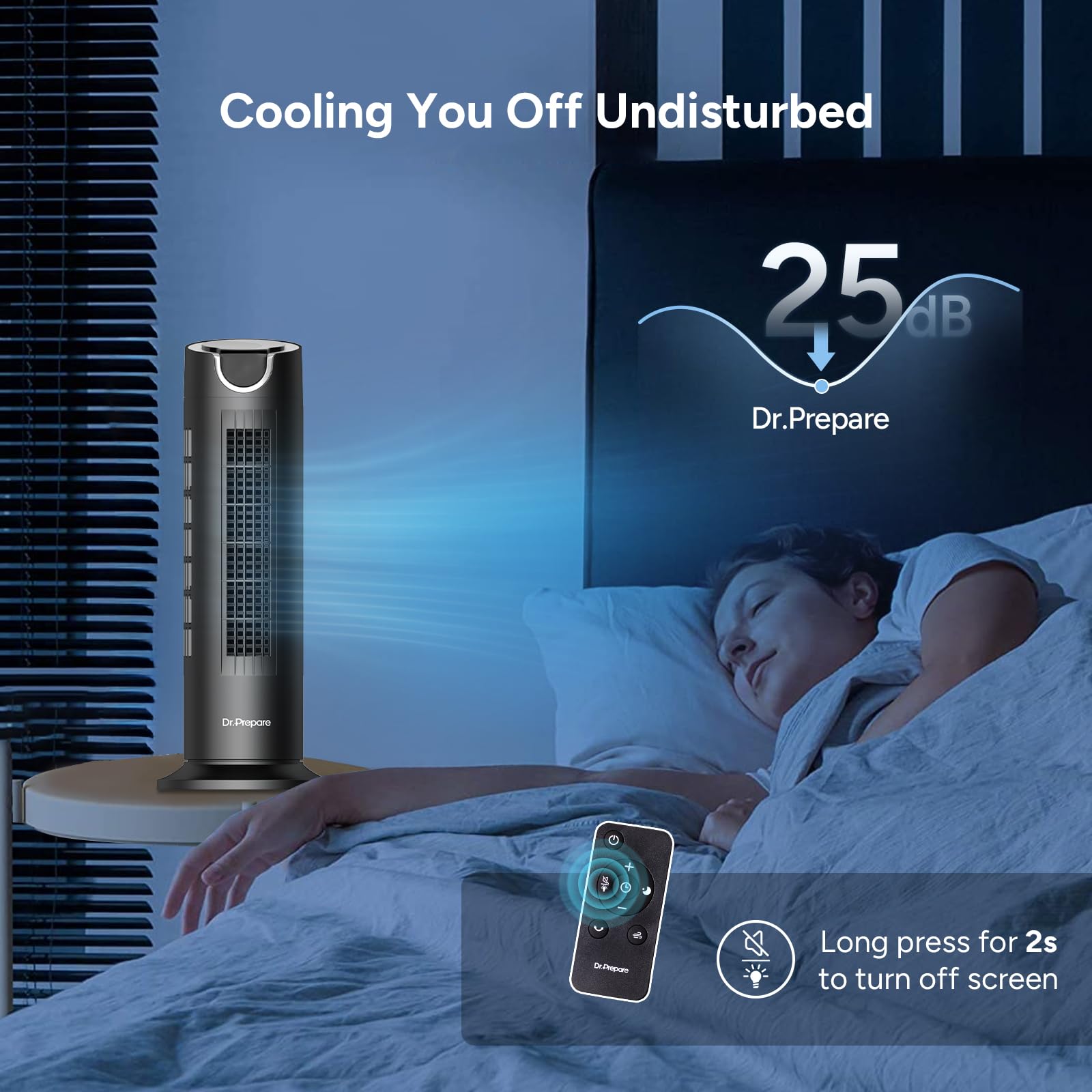 DR.PREPARE fan oscillating 80 degrees to spread airflow across a living room