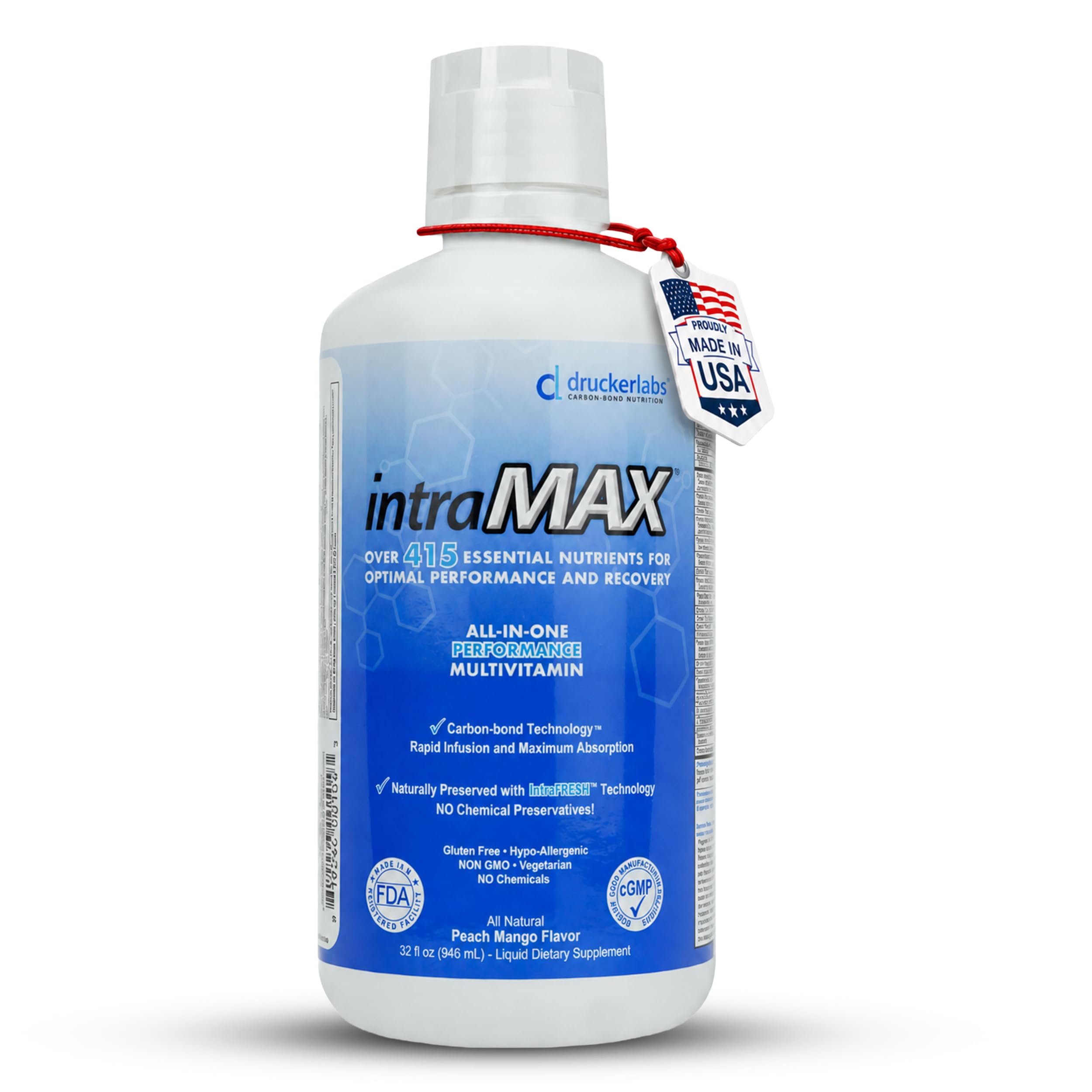 Drucker Labs intraMAX bottle front showing peach mango label and full nutrient coverage