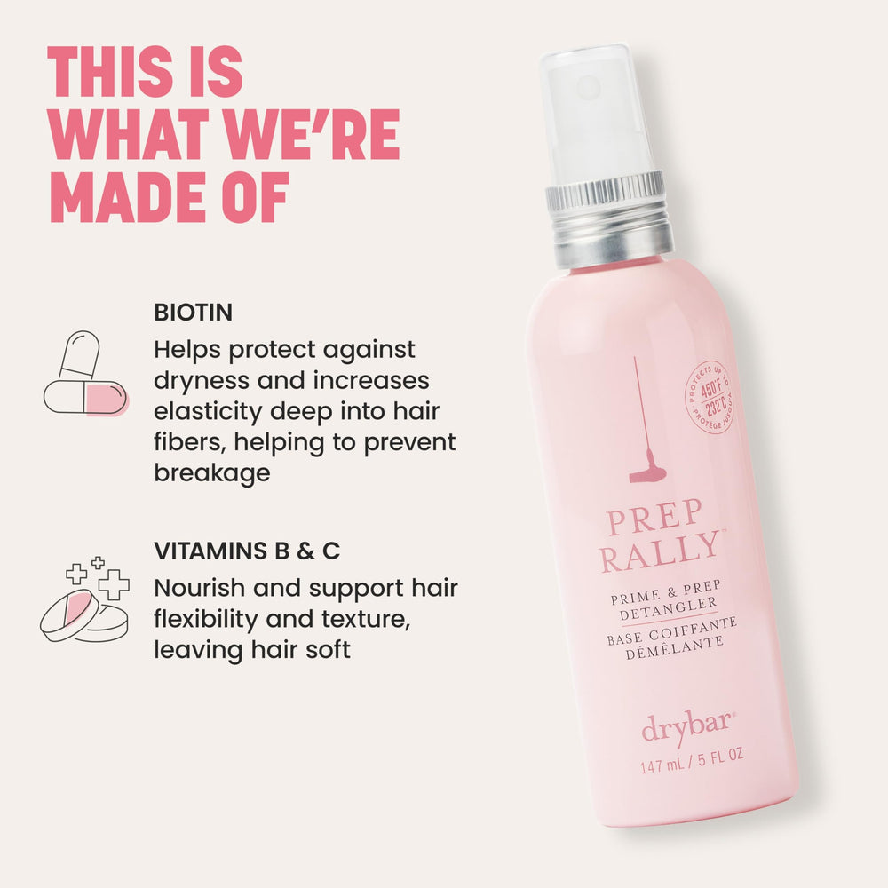 Drybar Prep Rally bottle on bath shelf presenting convenient everyday use