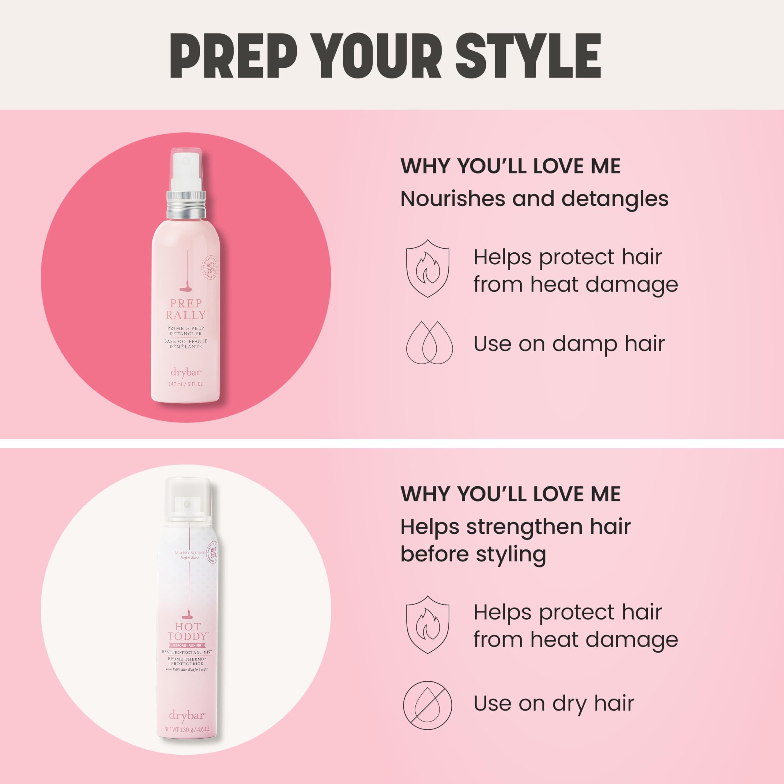 Drybar Prep Rally spraying onto hair displaying detangling and prepping benefit