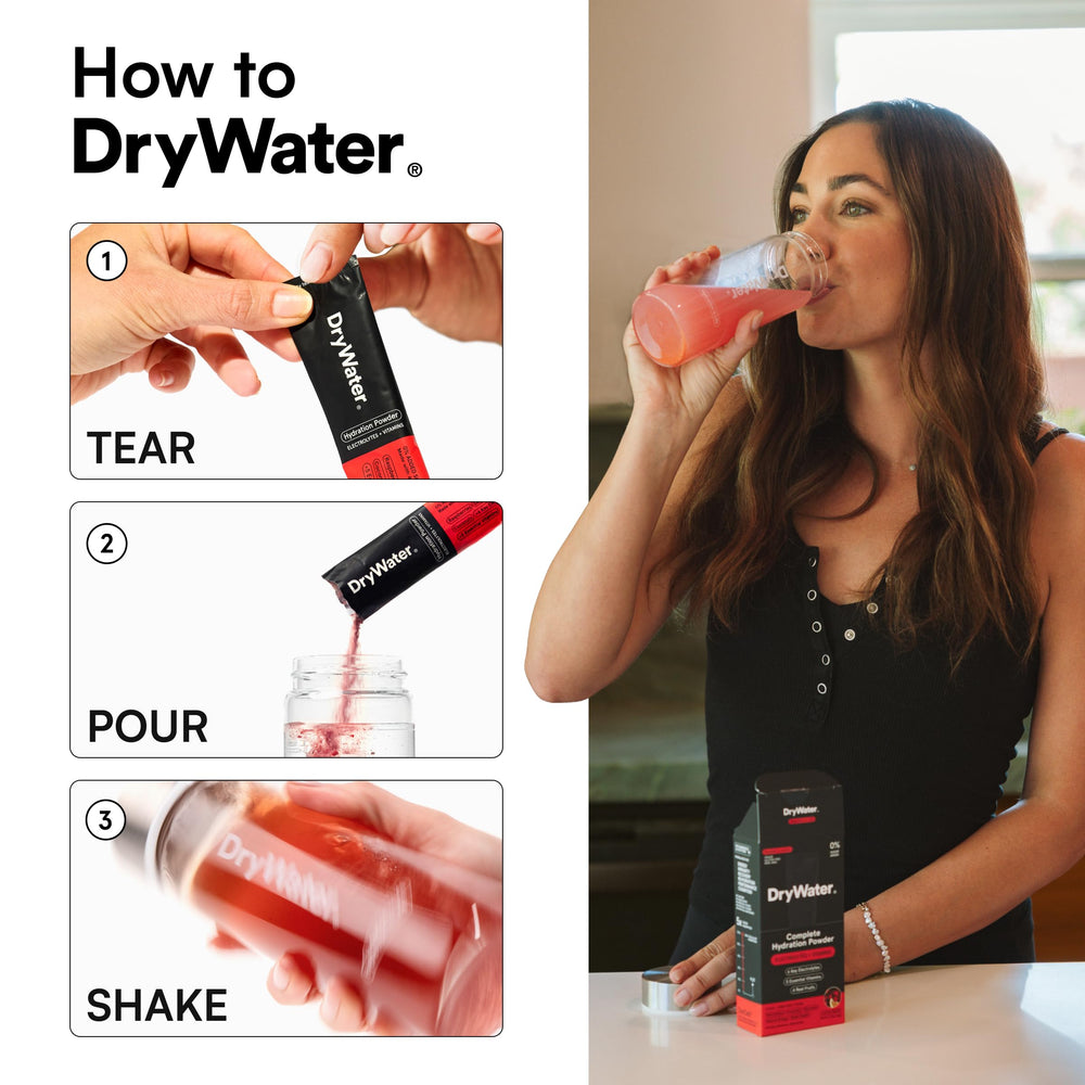 Outdoor scene of a person drinking DryWater demonstrating on-the-go hydration
