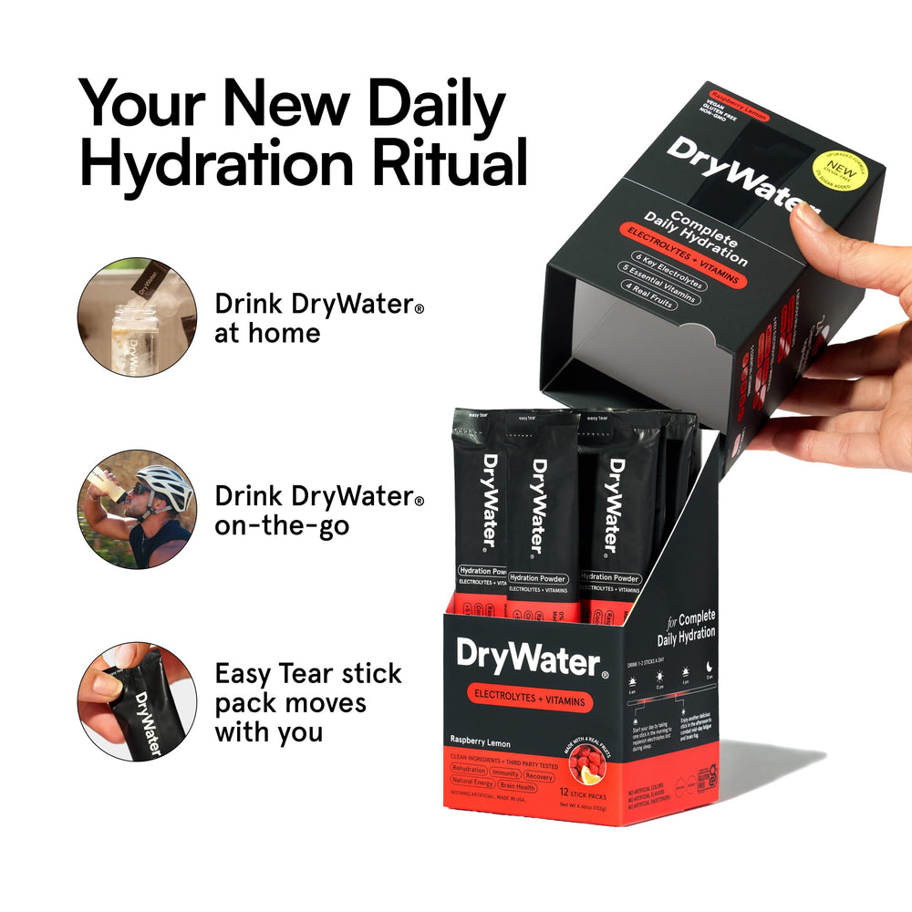 DryWater pack beside travel items illustrating stick pack size and portability