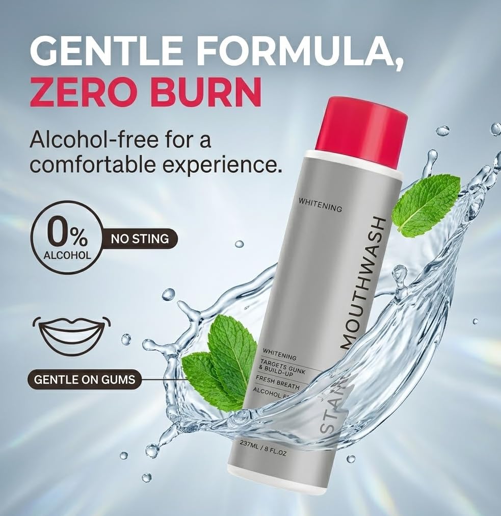 DTMIEAXN mouthwash texture being poured showing clear formula and easy use benefit