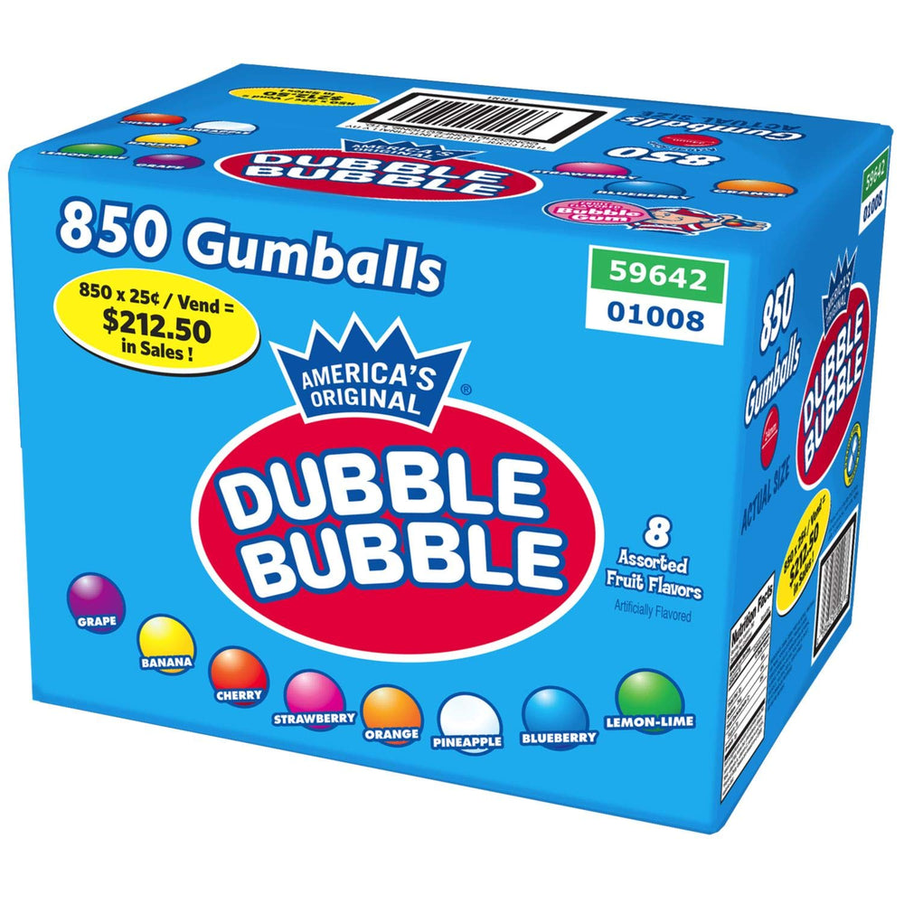 Dubble Bubble front packaging showing colorful fruit gumballs and bulk quantity benefit