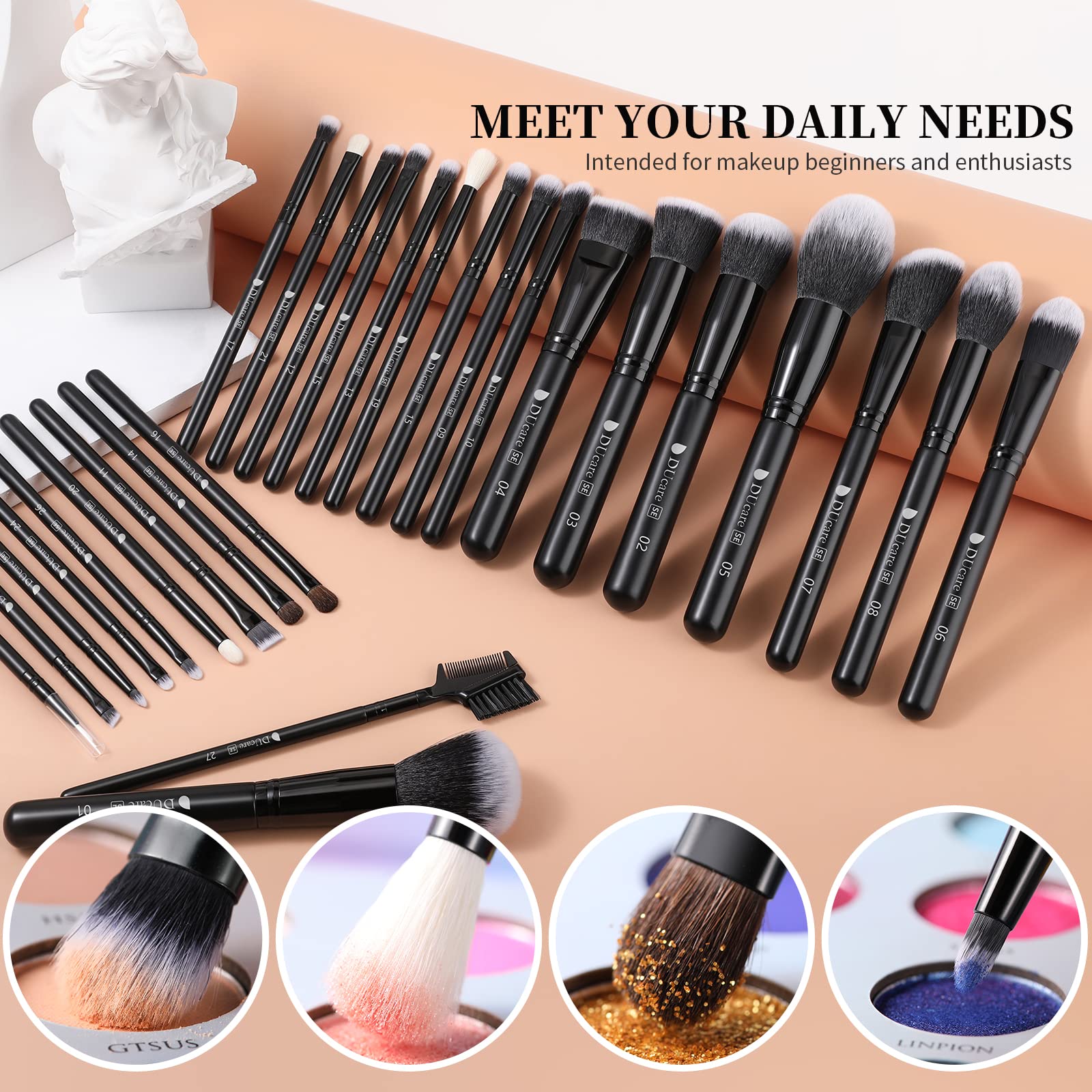 DUcare brushes in use applying eyeshadow and foundation for professional finish