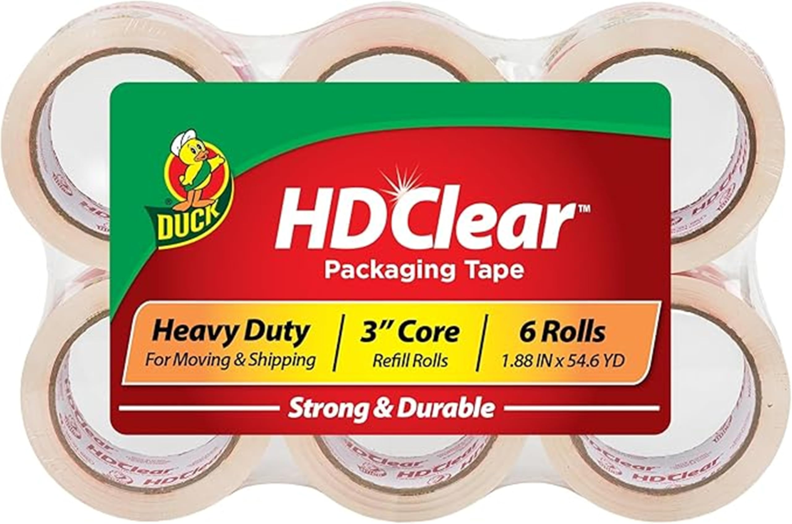 Duck HD clear front packaging showing six refill rolls and product label benefit