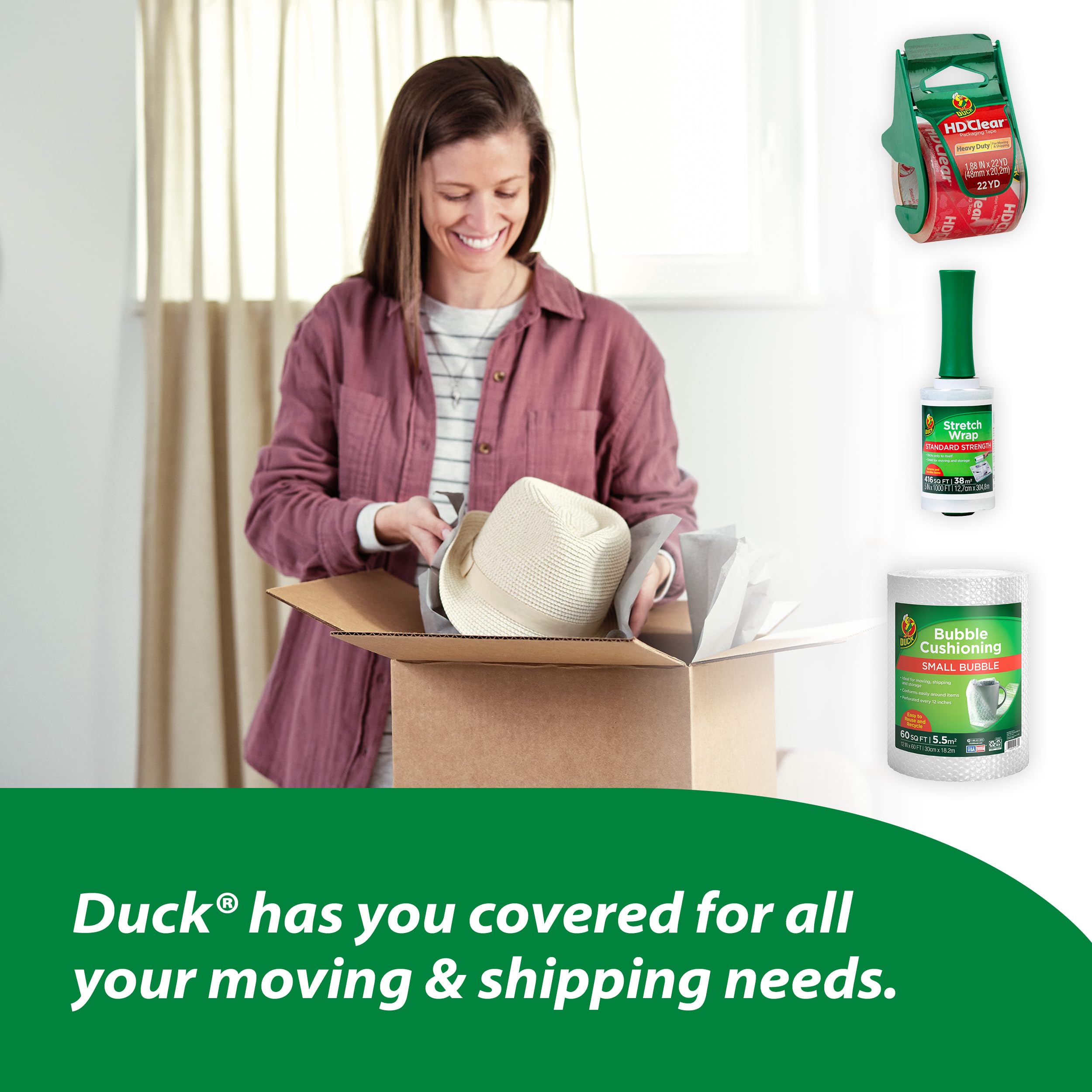 Duck HD clear used during a home move showing durable hold and organized packing benefit