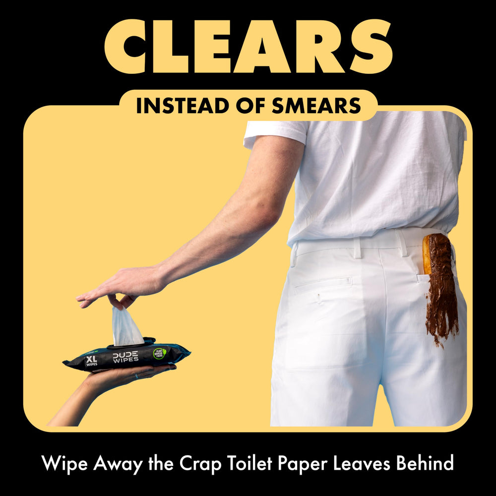 DUDE Wipes in bathroom lifestyle scene illustrating on-the-go freshness