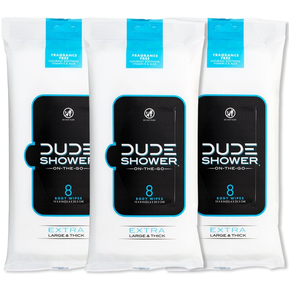 DUDE Wipes front packaging showing clean travel-ready design and convenience