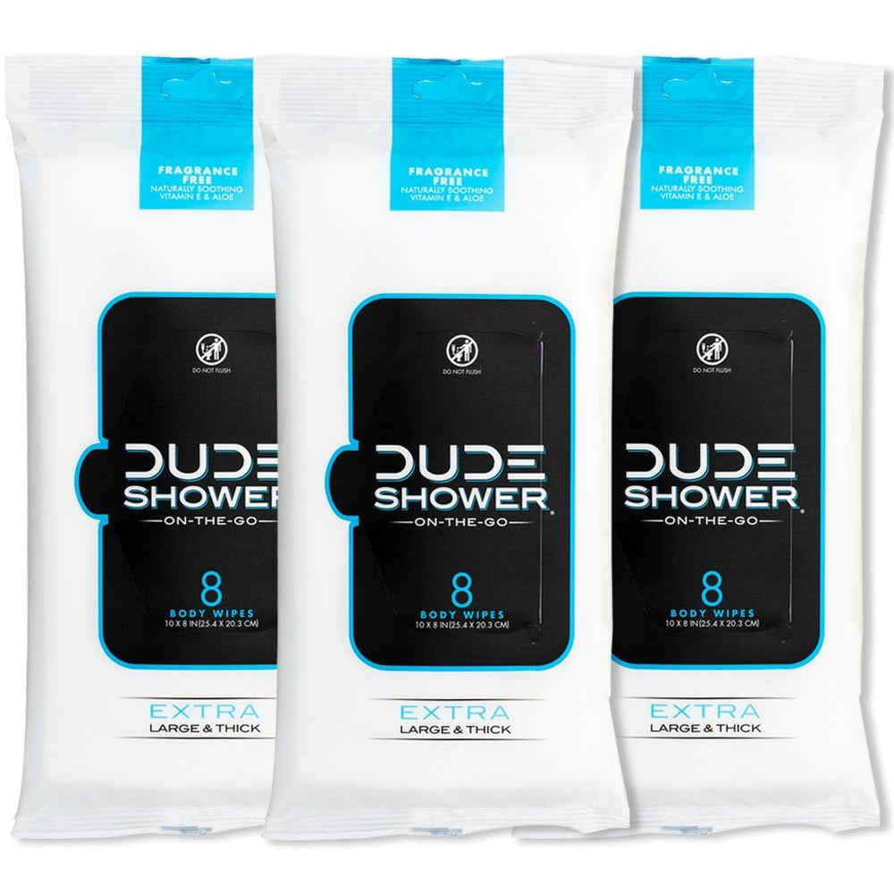 DUDE Wipes front packaging showing clean travel-ready design and convenience