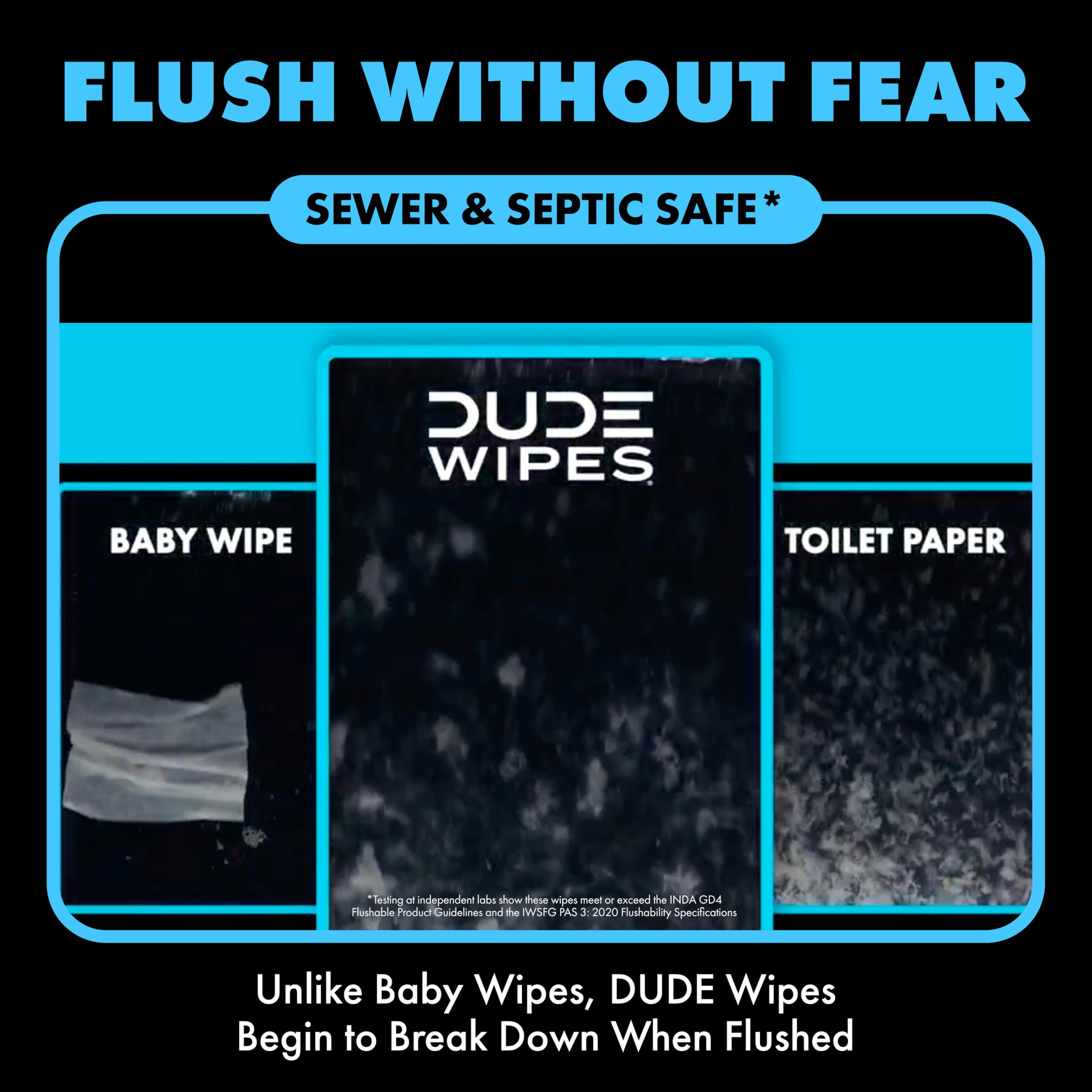 DUDE Wipes product label highlighting plant-based ingredients and safety