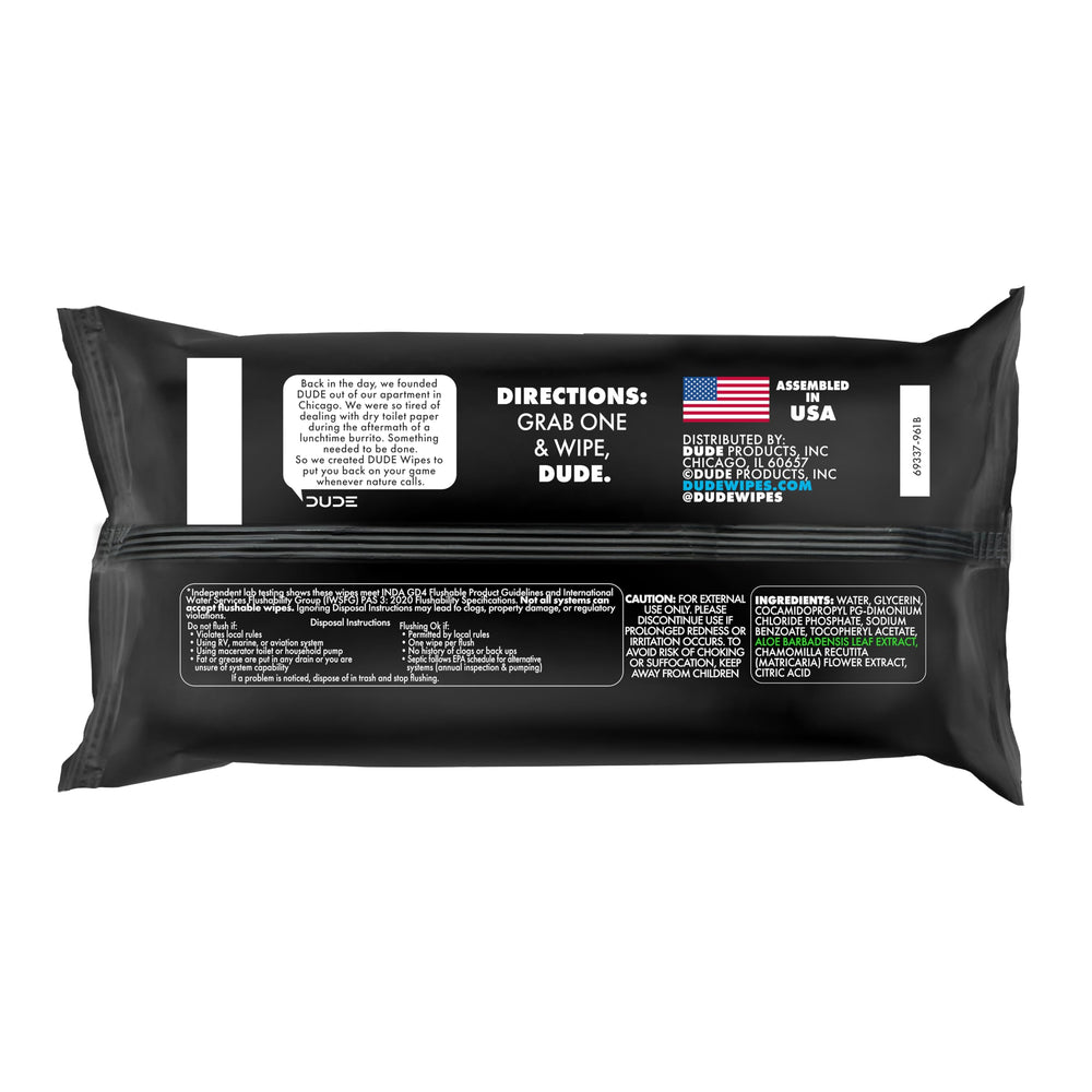 DUDE Wipes on bathroom counter portraying travel-ready hygiene