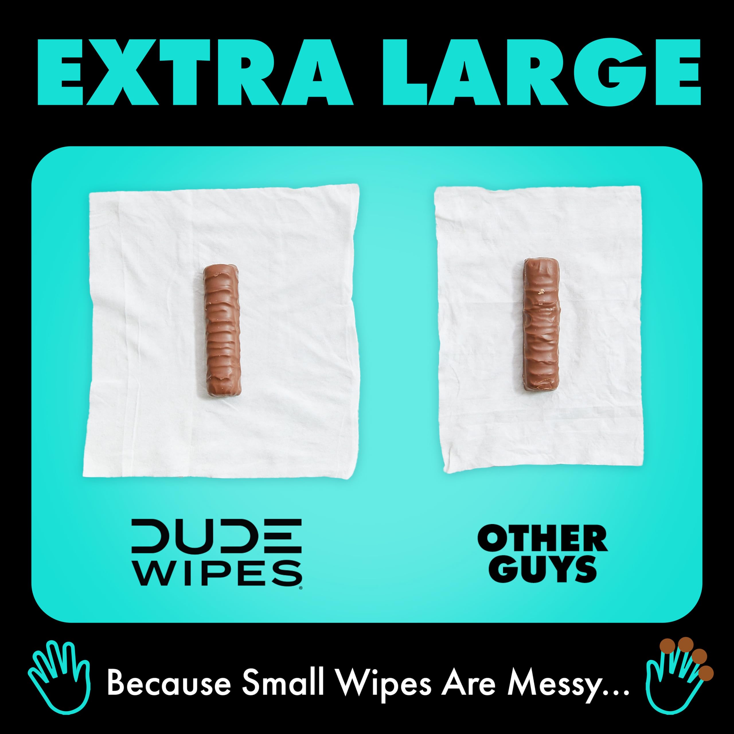 DUDE Wipes beside toilet paper roll showing larger wipe size and better coverage