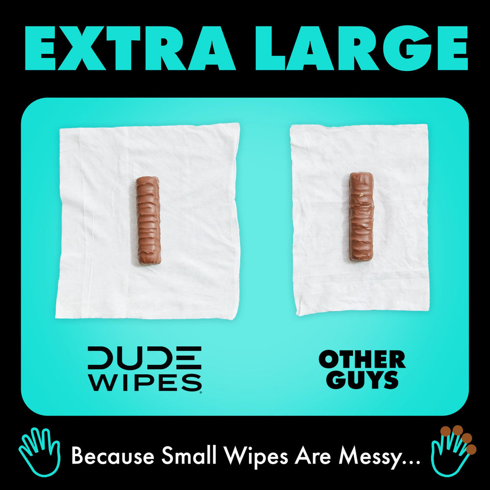 DUDE Wipes beside toilet paper roll showing larger wipe size and better coverage