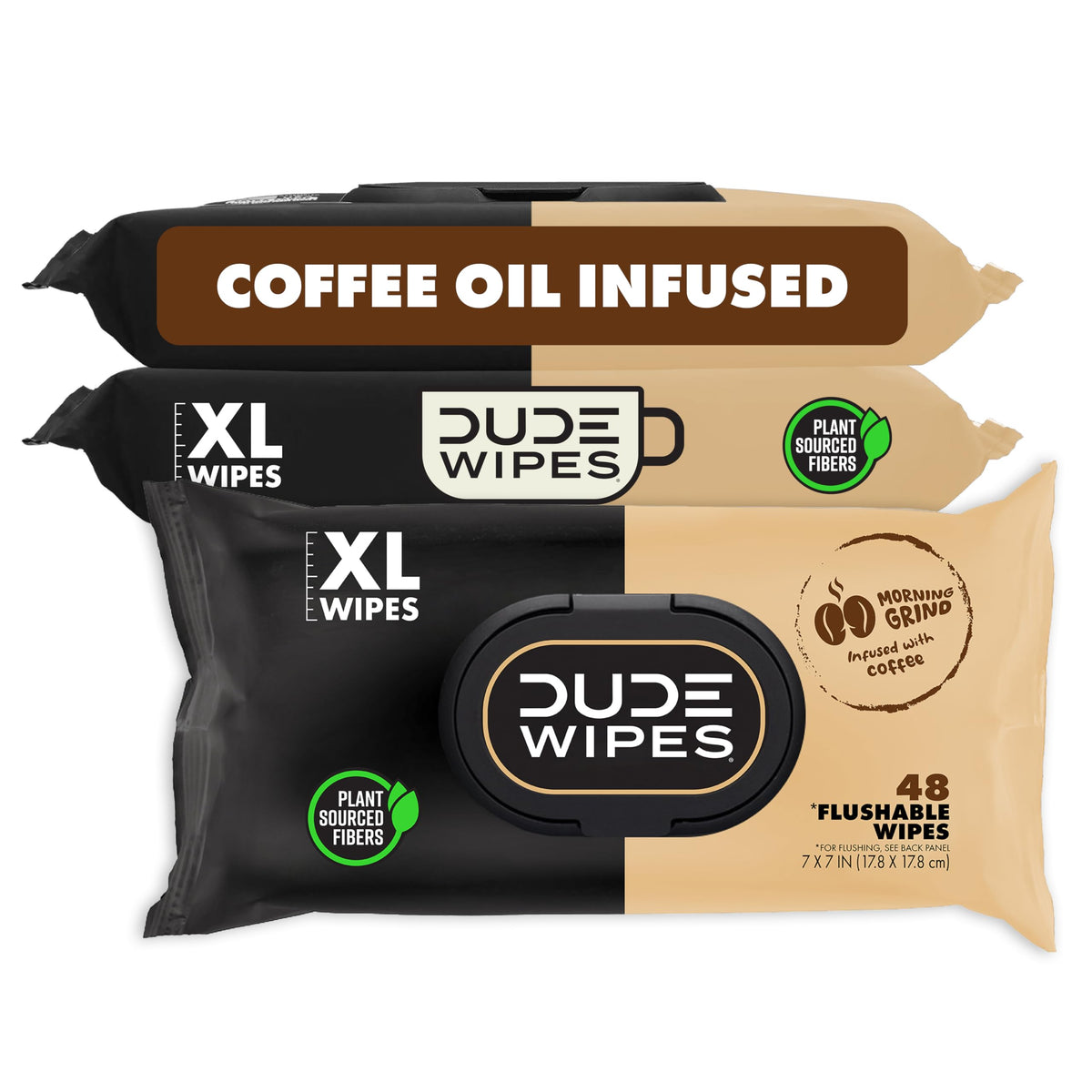 DUDE Wipes front packaging showing coffee scent and 144 count benefit