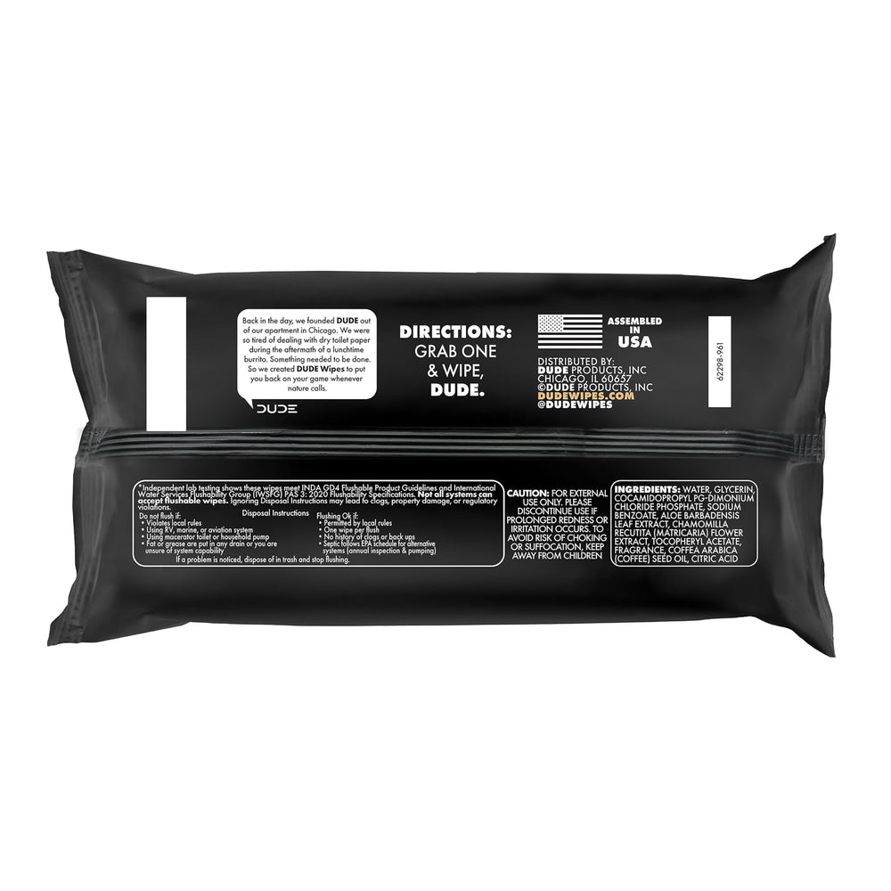 DUDE Wipes on a morning counter next to coffee showing energizing scent benefit