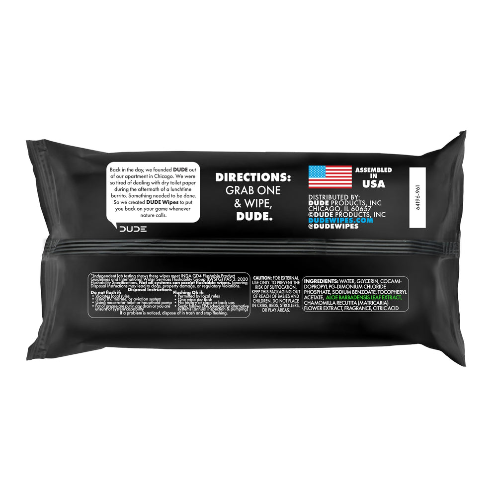 DUDE Wipes back packaging seal focusing on resealable pack preserving freshness
