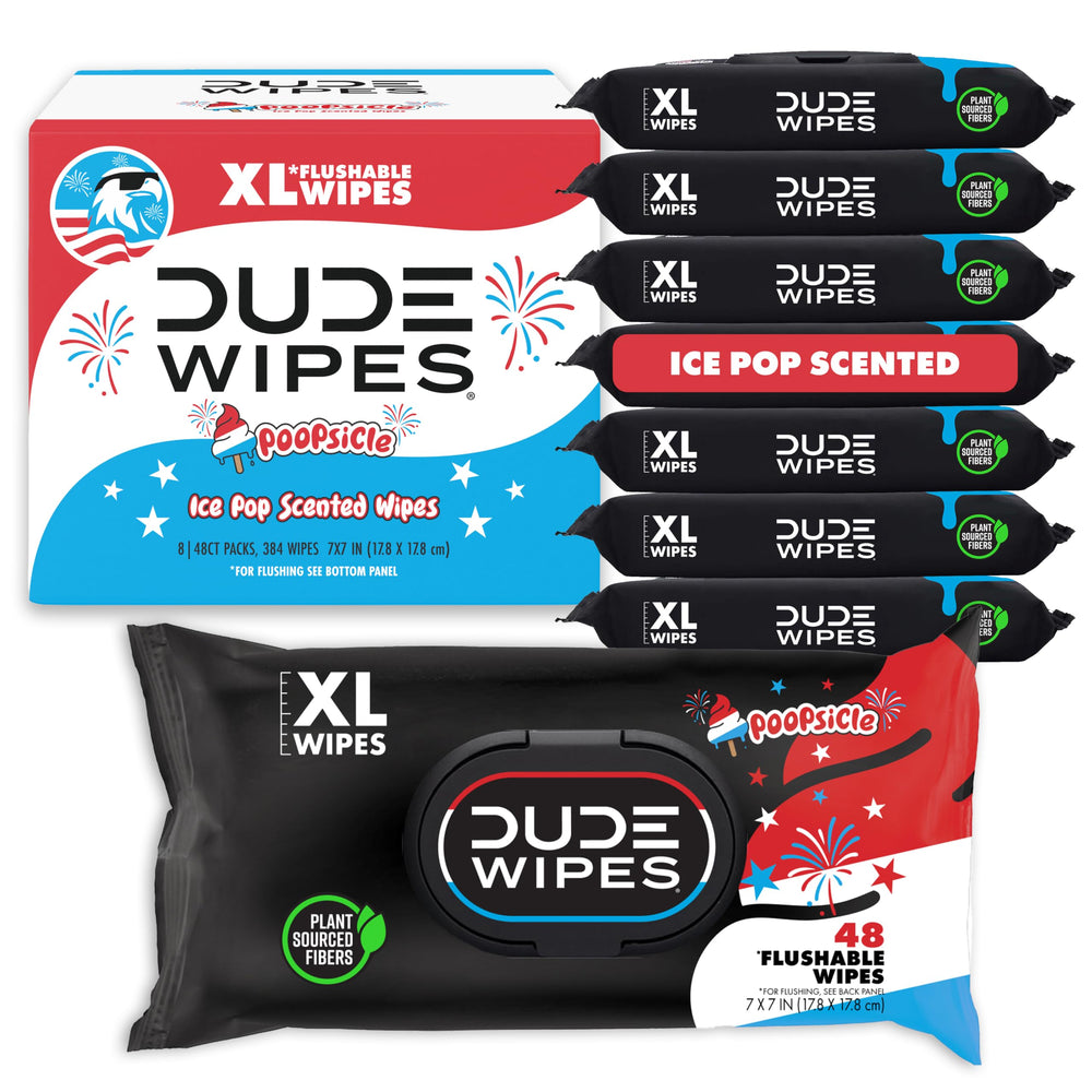 DUDE Wipes front packaging showing Poopsicle design and quantity, playful appeal